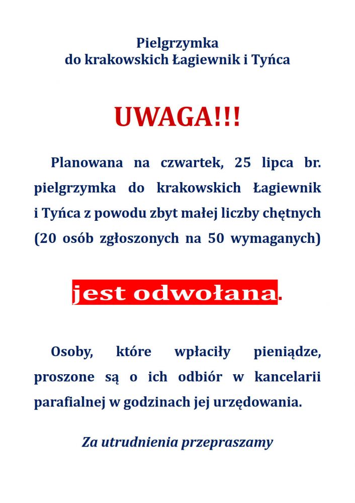 Pielgrzymka do Łagiewnik i Tyńca 2024 - odwołana_1